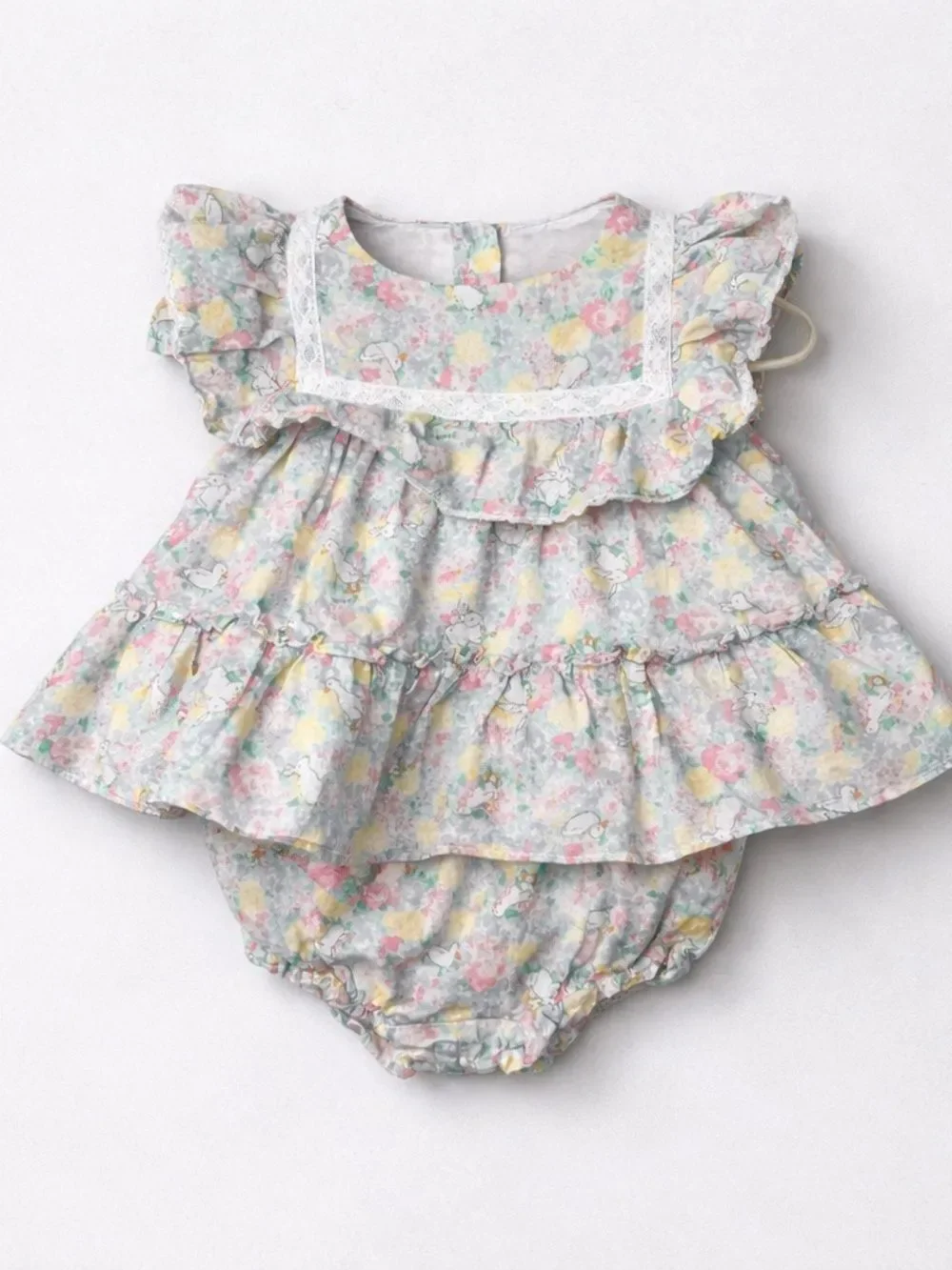 Janie and Jack Pastel Floral Ruffle Dress & Diaper Cover - Pink, Yellow, Blue